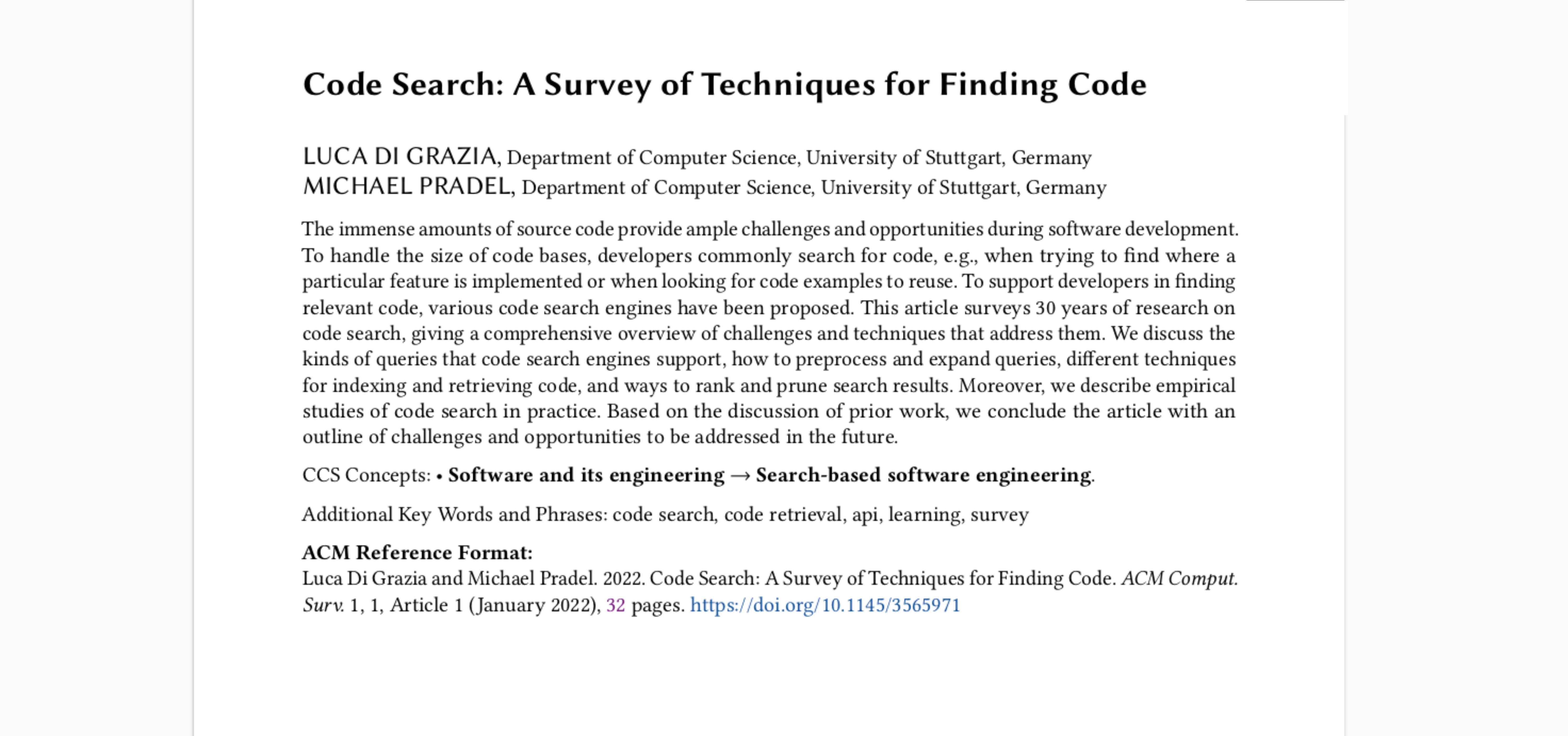 the article discusses techniques to pre-process and
            expand queries, approaches toward indexing and retrieving code, and ways of pruning and ranking
            search results.